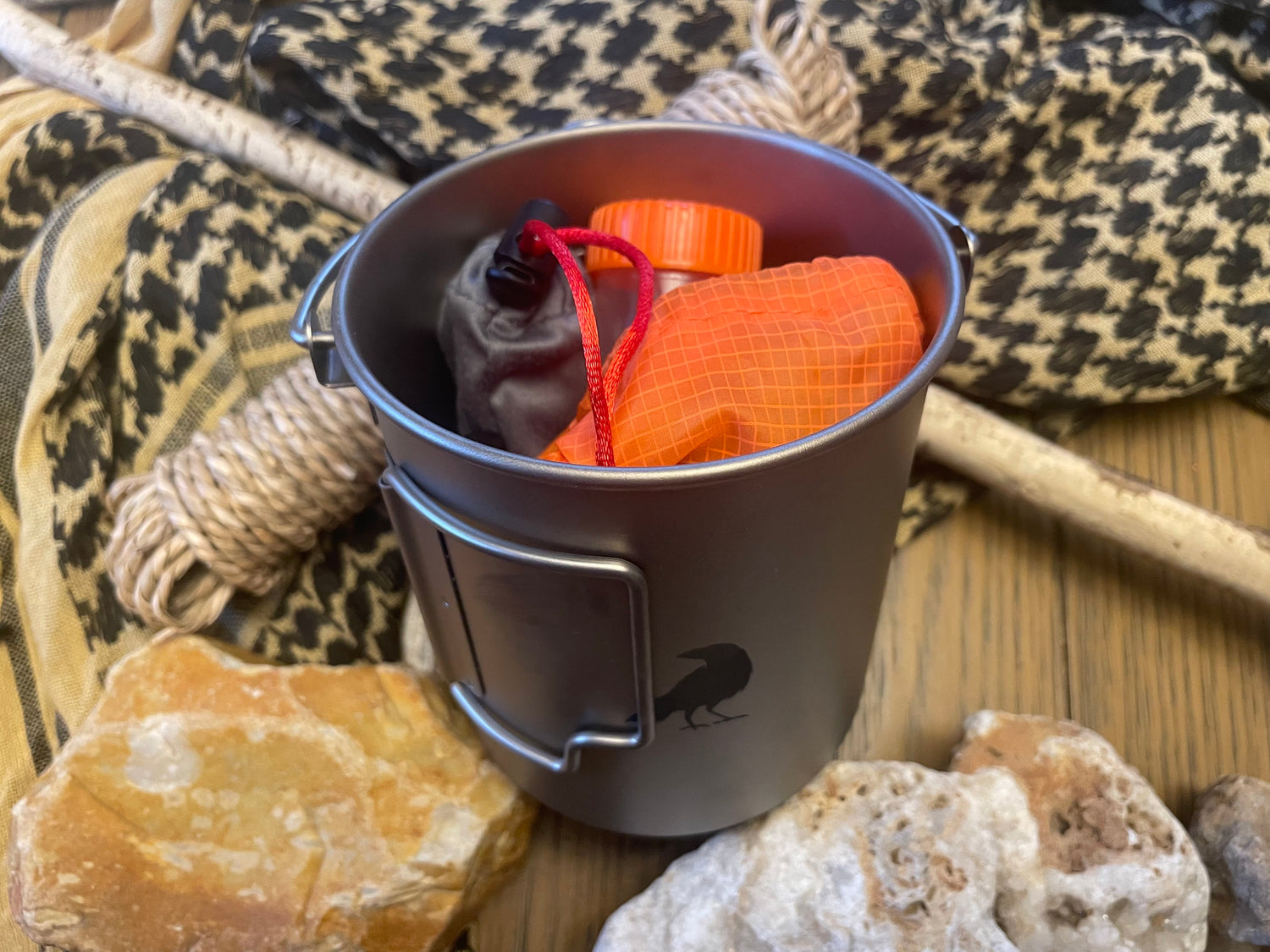 Eremos Wild Food Cook & Tea Kit – Titanium Camping Cookware Set with Acacia Cutting Board | Bushcraft Foraging Expedition Gear